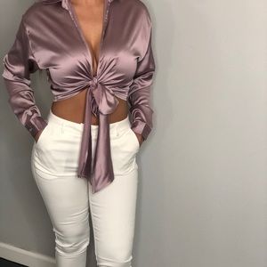 Satin Top and White Trousers